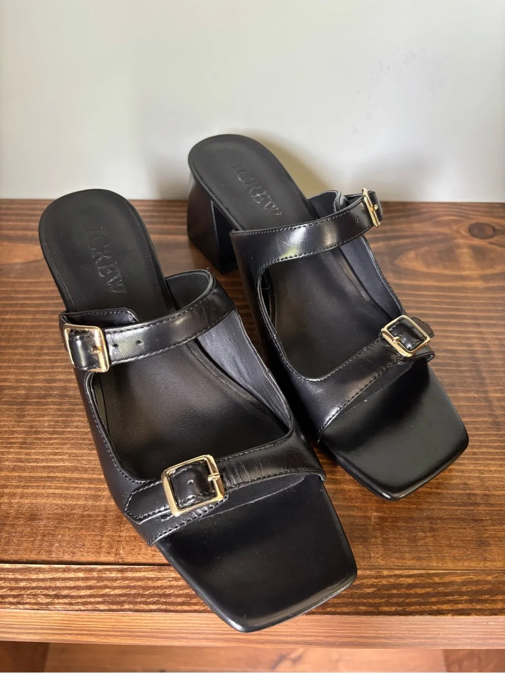J. Crew Black Leather Double-Buckle Square-Toe Mules